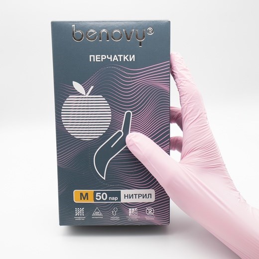 Перчатки одноразовые текстурированные нитриловые Benovy розовые М 100 шт 